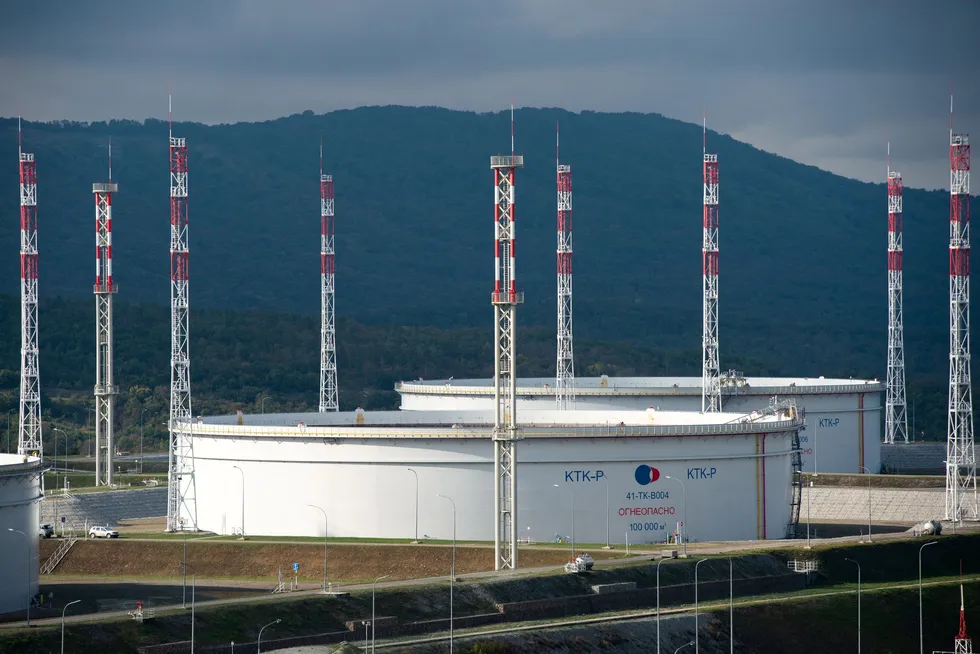 Oil storage tanks of the Caspian Pipeline Consortium's marine export terminal in Yuzhnaya Ozereyevka near the Black Sea port of Novorossiysk in Russia.