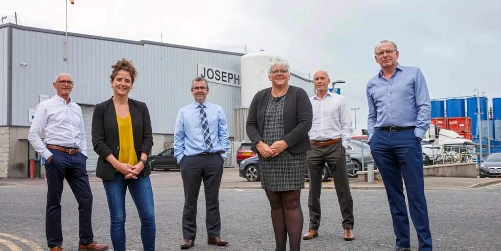 L-R James Robertson, director of Joseph Robertson Seafood, Cabinet Secretary for Rural Affairs Mairi Gougeon, Kevin McDonell, chair of Seafood Scotland, Donna Fordyce, chief executive of Seafood Scotland, Simon Robertson, director of Joseph Robertson Seafood and Michael Robertson, managing director of Joseph Robertson Seafood.