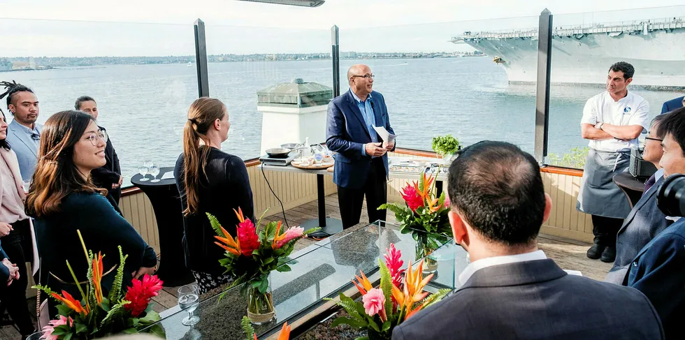 Lou Cooperhouse, CEO of BlueNalu, welcomes guests and introduces Corporate Chef Gerard Viverito at a recent event.