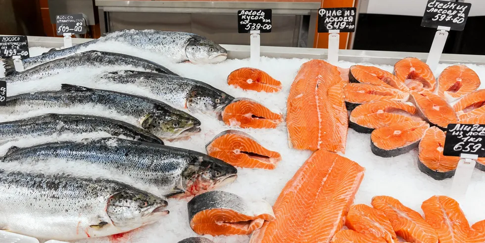 Farmed salmon ready for sale in the supermarket Magnit, one of the country's largest retailers.