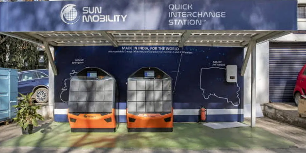 A Sun Mobility battery swapping station in Bengaluru, India