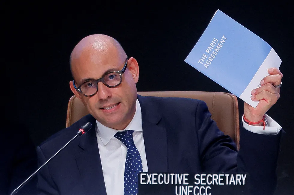 Simon Stiell, Executive Secretary of UNFCCC speaks during a closing plenary meeting at the COP29 United Nations Climate Change Conference, in Baku, Azerbaijan November 24, 2024.