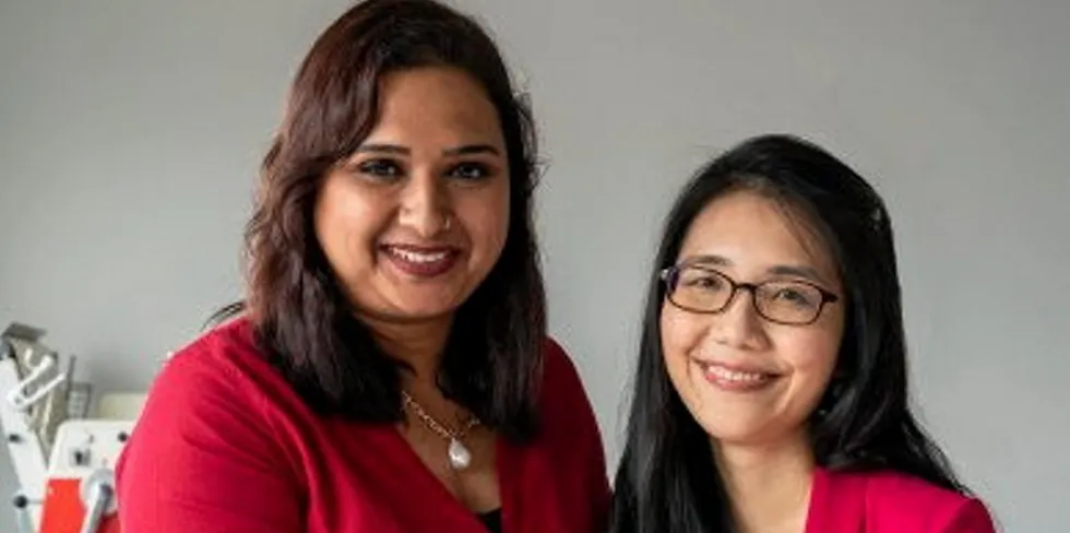 Co-founders of Shiok Meats Sandhya Sriram and Ka Yi Ling presenting their new lobster prototype.