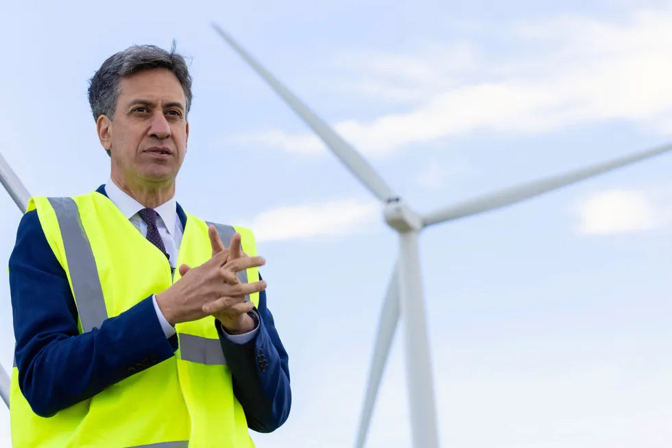 Labour energy secretary Ed Miliband on a wind farm visit.