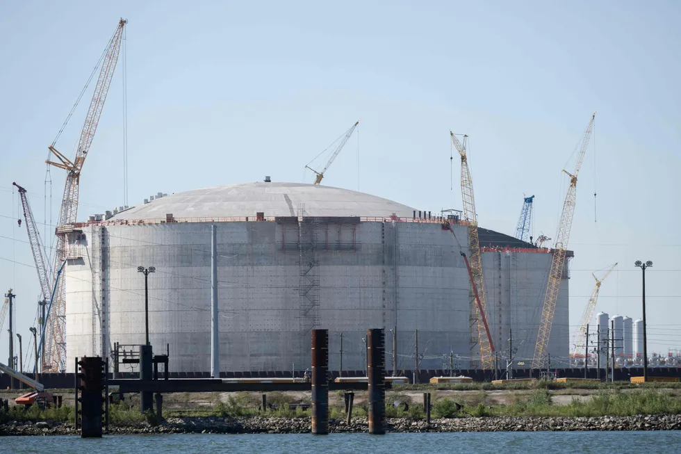 Construction cranes are seen near the construction site of Plaquemines LNG, the Venture Global liquefied natural gas export plant next to the Mississippi River in Plaquemines Parish south of New Orleans, Louisiana on 17 October 2023.