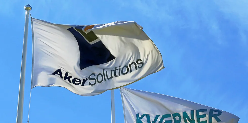 Aker Solutions and Kvaerner flags flutter next to their headquarters in Fornebu, Norway, June 1, 2017. REUTERS/Ints Kalnins PPI March 2018. PPI.