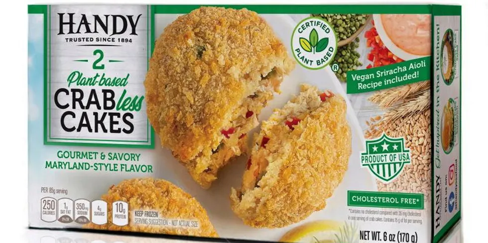 Handy’s crabless cake, designed to mimic the traditional Maryland crab cake the company is famous for, is made with a proprietary pea and wheat protein blend.