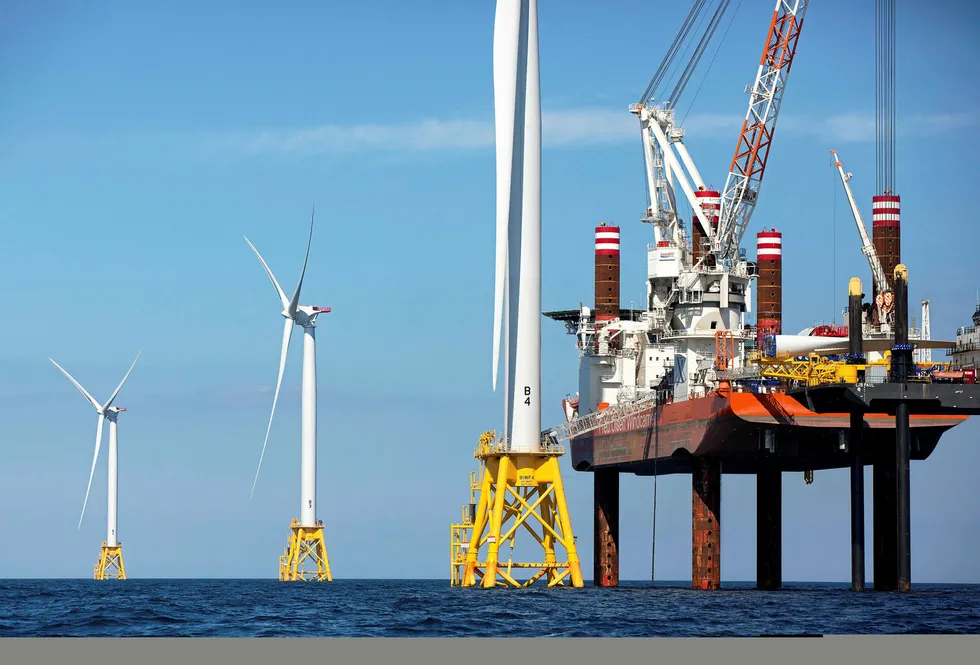 New era: a lift boat assembles a turbine at the Block Island wind farm off Rhode Island