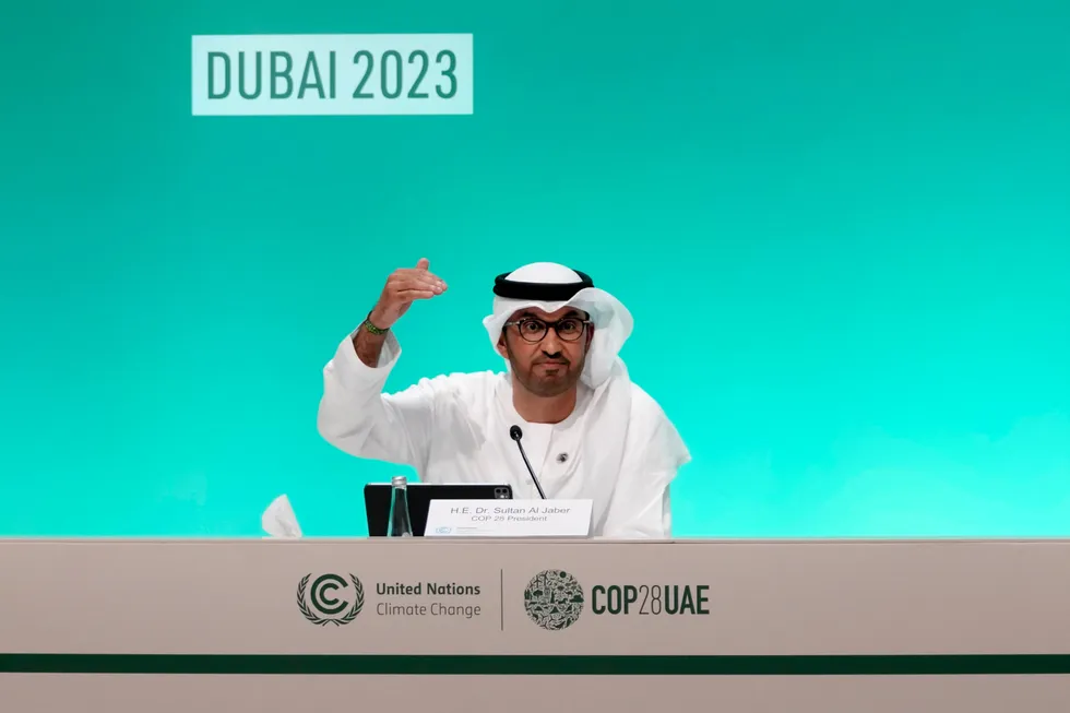 Green move: COP28 president Sultan Ahmed Al Jaber speaks during a news conference at the COP28 summit.