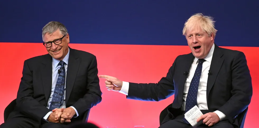 Prime Minister Boris Johnson appears on stage in conversation with Bill Gates as the two launch a green partnership.