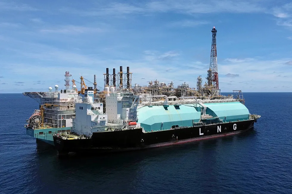 In operation: the PFLNG Satu offshore Malaysia offloading a cargo onto the Seri Cemara LNG carrier