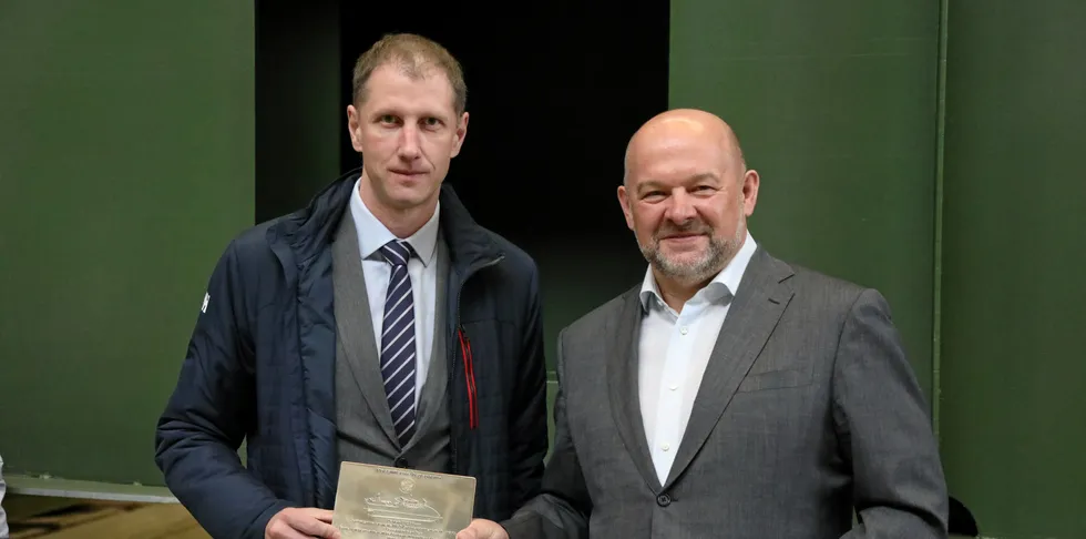 Sergey Sennikov, deputy director for international affairs and public communications at Norebo Management Company (left) with Igor Orlov, general director at Severnaya Verf Shipyard.