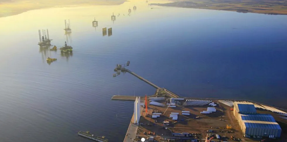 Scotland's Nigg yard with drilling rigs stacked up