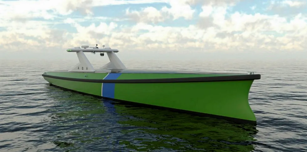 The Autonomous Guard Vessel (AGV) developed by a consortium of naval architecture and marine engineering firms. The battery-powered design was launched in July 2020.