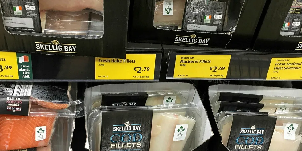 Aldi Ireland promoting imported fish with an Irish flag on the packs.