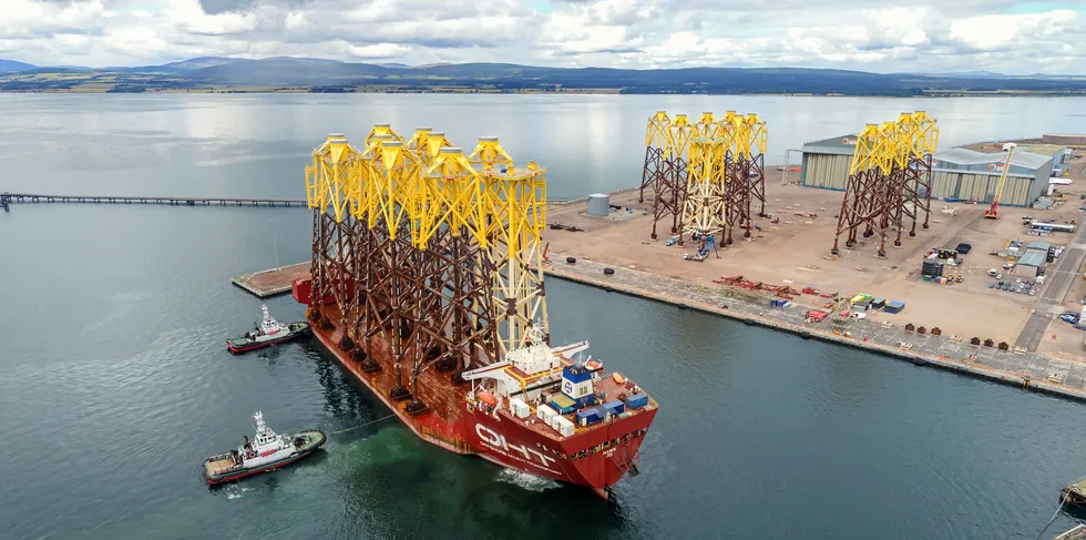 OHT Hawk arrives on Scotland's Cromarty Firth with jackets for the 950MW Moray East wind farm