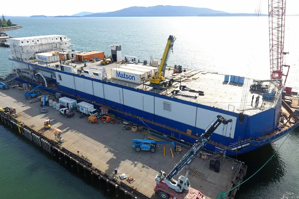 The Northline Seafoods barge Hannah docked in Bellingham, Washington.