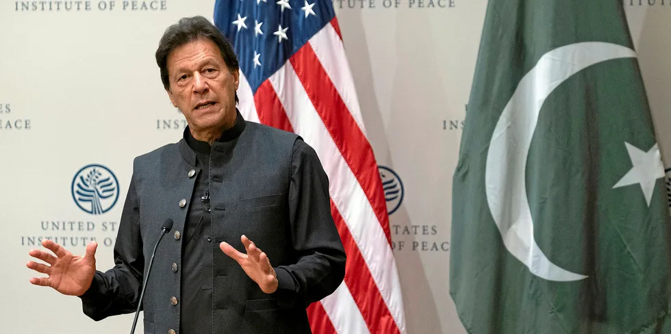 Prime Minister of the Islamic Republic of Pakistan, Imran Ahmed Khan Niazi at the United States Institute of Peace in Washington, DC on July 23, 2019. . Pakistan Prime Minister Imran Khan speaking at the US Institute of Peace this summer.