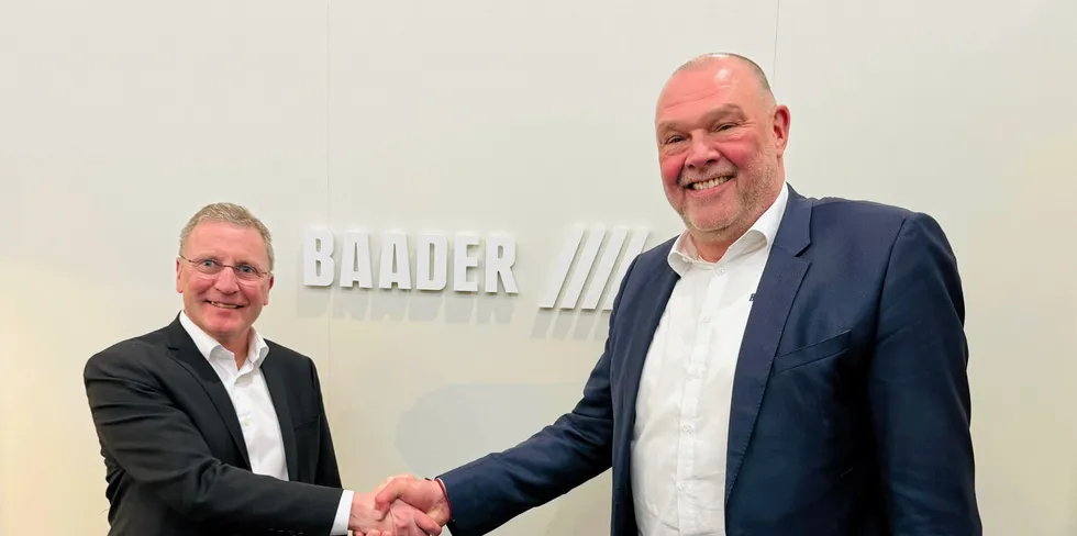 Grieg Seafood CEO Andreas Kvame and Baader Managing Director Robert Focke. Grieg Seafood CEO Andreas Kvame and Baader Managing Director Robert Focke.