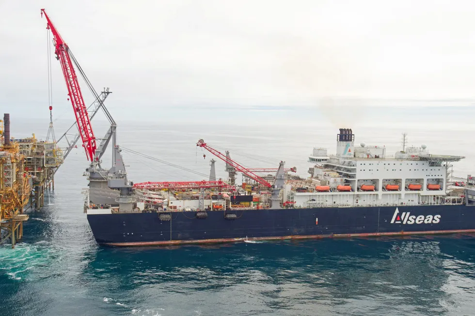 Big lift: Allseas' Pioneering Spirit vessel lifting the new module into place on 23 June
