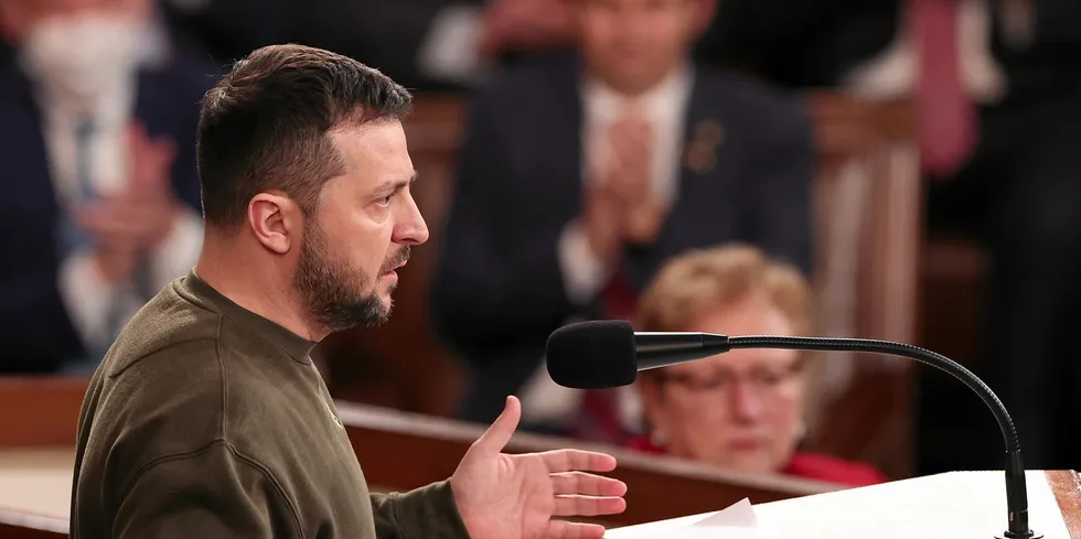 President of Ukraine Volodymyr Zelensky addresses a joint meeting of Congress in the House Chamber of the US Capitol.