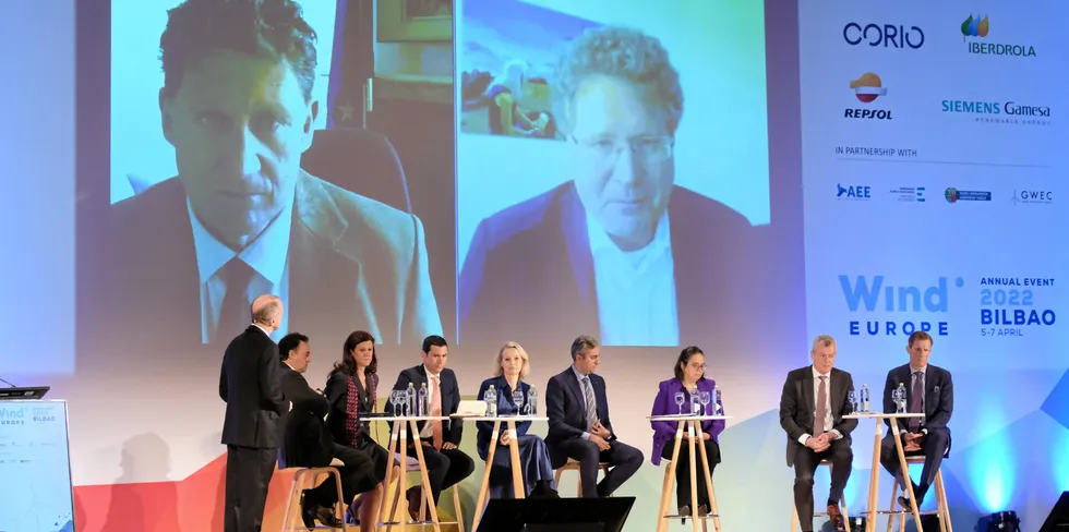 Patrick Graichen, speaking by video link (right), at the WindEurope 2022 conference on Tuesday.