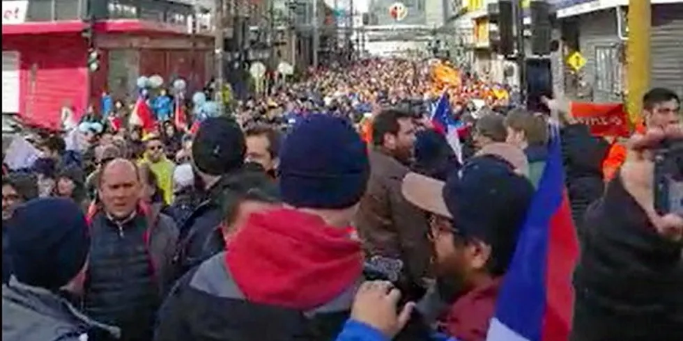 Protestors march against the proposed 'protected areas' law that could dramatically reduce the areas available for salmon farming in Chile.