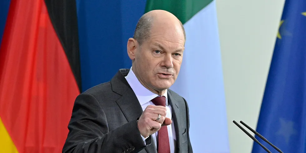 German Chancellor Olaf Scholz at a press conference in Berlin today
