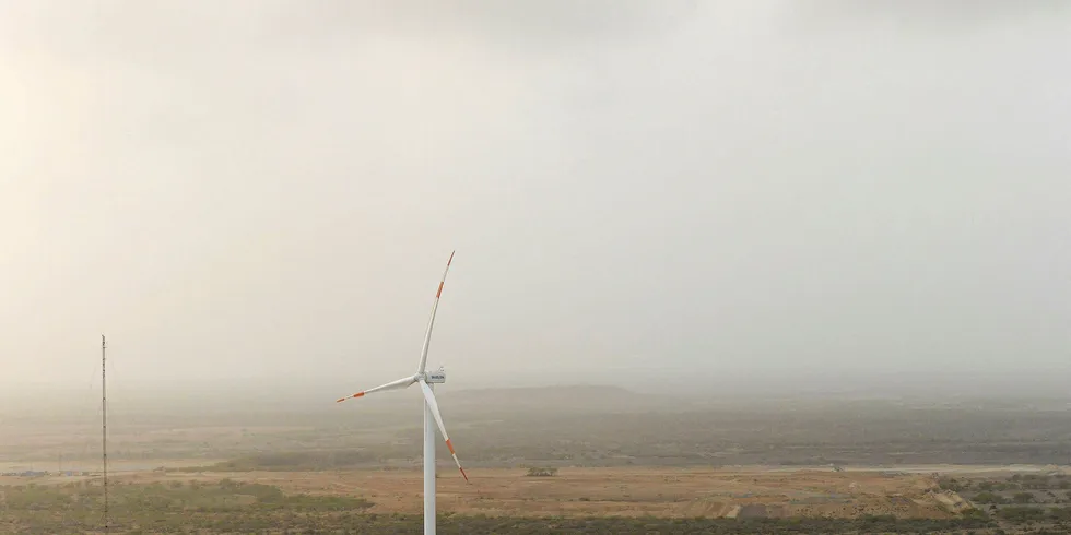 A Suzlon Energy Limited 90 metre-tall wind turbine tower stands in the remote desert region of Jamanwada Vayor, near the Naliya region of Kutch, some 550 kms from capital Ahmedabad