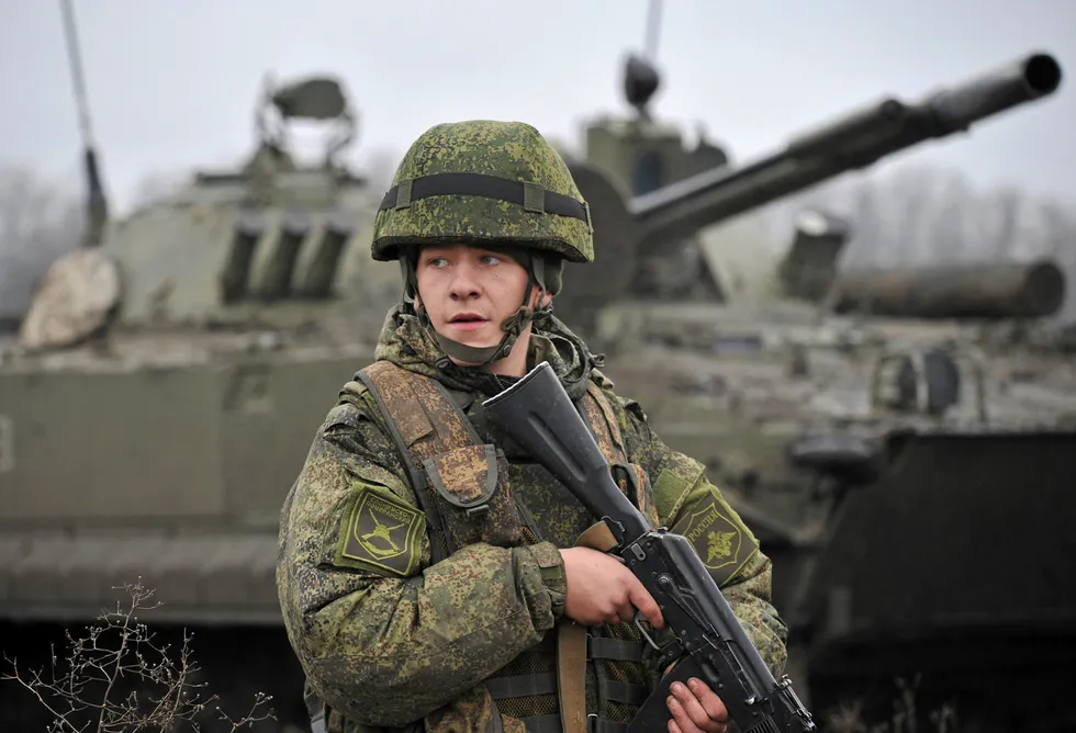 In the firing line: a Russian soldier takes part in drills in southern Russia last December. Thousands of Russian oil and gas workers now face the risk of being conscripted into the army and sent to the war in Ukraine