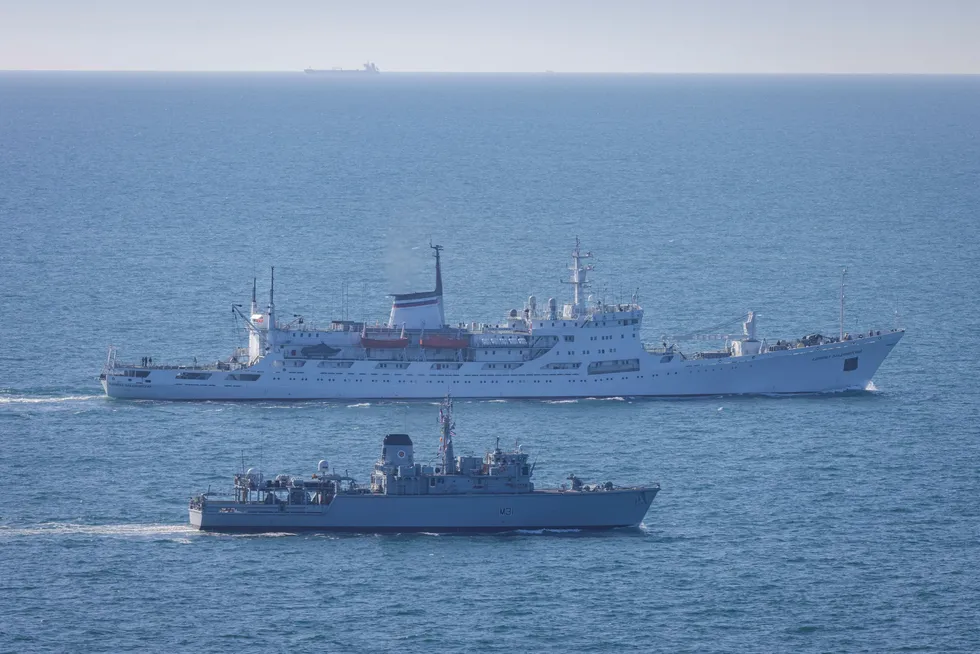 HMS Cattistock shadows the Russian ship Admiral Vladimirsky transiting in the English Channel, in March.
