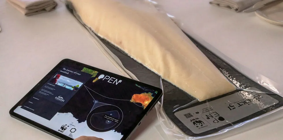 An Austral Patagonian toothfish fillet tagged with the Open SC QR code.