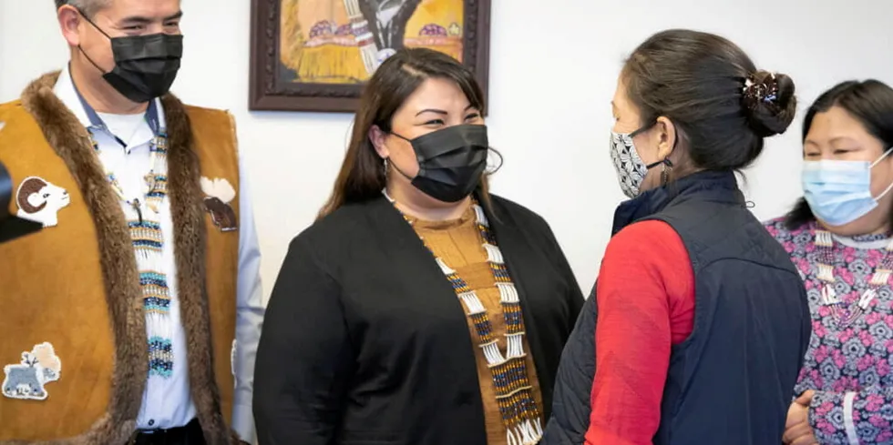 Chief Brian Ridley (left) and Chief Karma Ulvi (center) speaking with US Interior Secretary Deb Halaand in April. The Yukon River salmon crisis was a primary point of discussion.