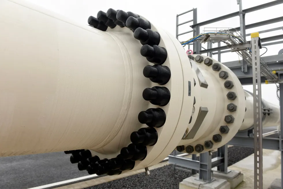 A gas pipeline at a gas import terminal belonging to Norwegian pipeline company Gassco in Emden, Germany,
