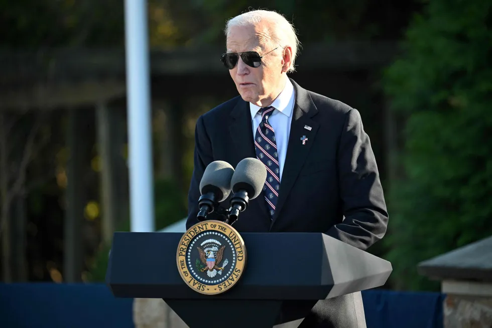 US President Joe Biden speaks at the Guardian of Defenders Memorial in Claymont, Delaware, on 11 November.