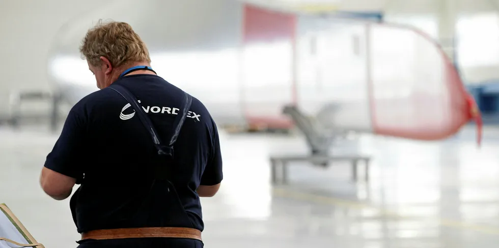 A worker at a Nordex wind turbine factory.