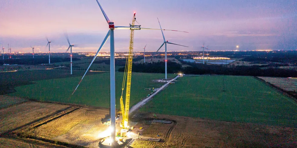 Construction of wind farm in Teltow near Berlin, Germany, with Nordex turbines.