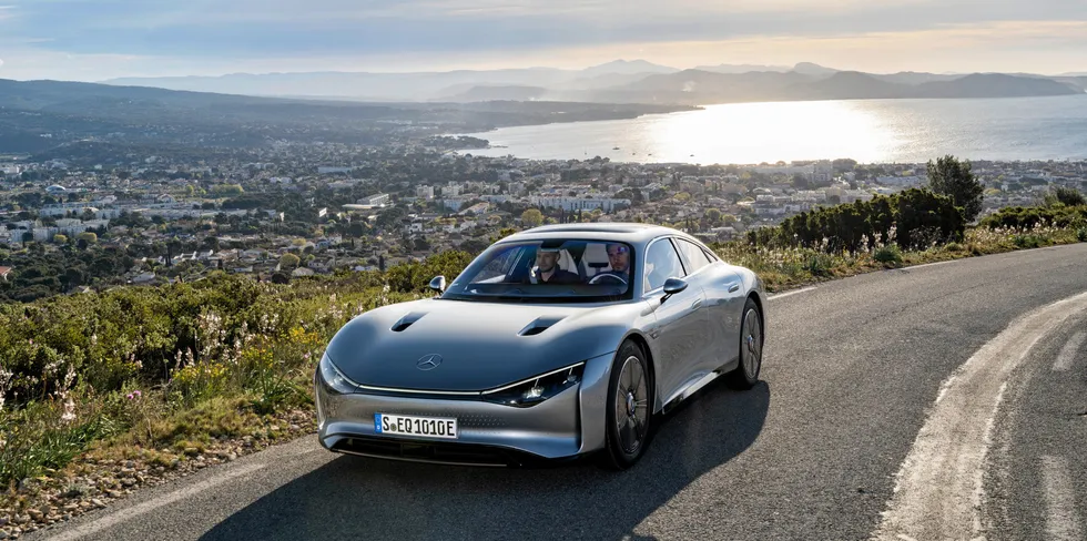 The Mercedes Vision EQXX taking in a mountain pass on its 1,008km single-charge journey.