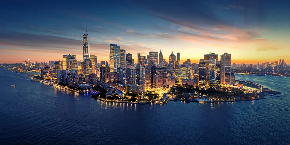 New York City panorama skyline at sunrise.