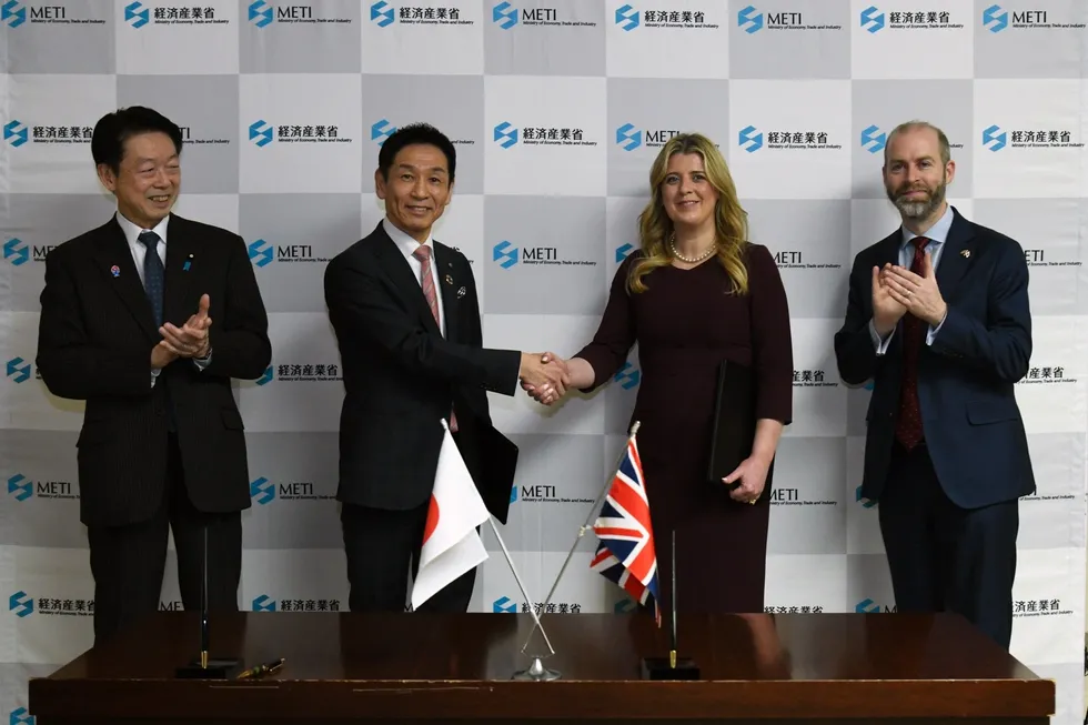 Signing ceremony in Tokyo with Muto Yoji, Japan’s minister of economy, trade and industry, Masakatsu Terazaki, chair of the Floating Offshore Wind Technology Research Association, Cristina Garcia-Duffy, director of research and technical capabilities at ORE Catapult and Jonathan Reynolds, the UK’s secretary of state for business and trade.