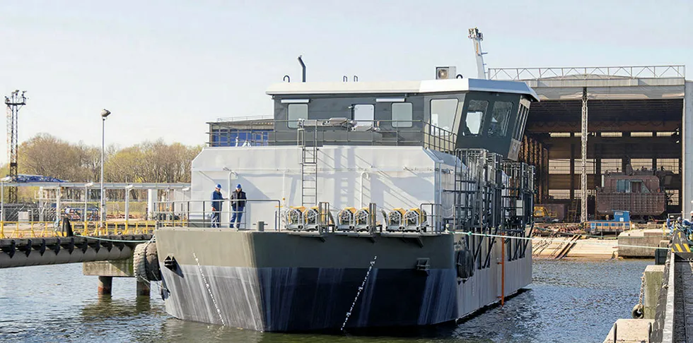 An Akva salmon feed barge in construction.