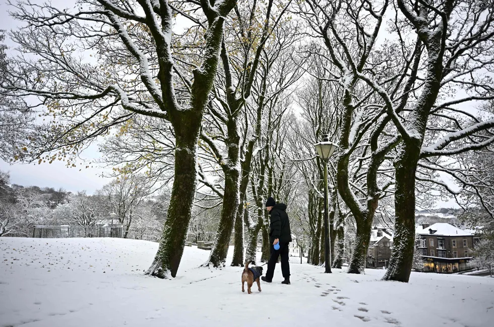 A person walks a dog in a park in northern England on Tuesday after a sudden snowfall. A colder, wetter, stormier winter is forecast for Western Europe.