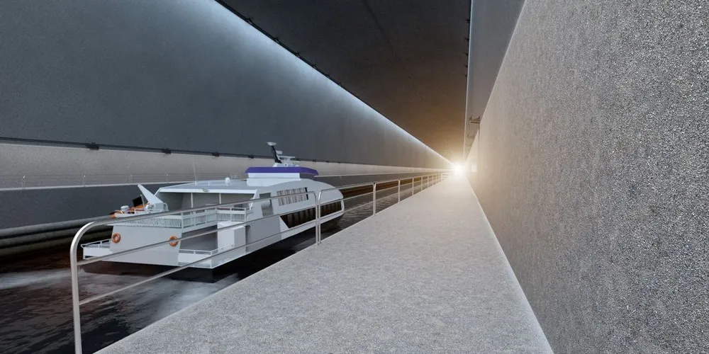 Slik kan en seilas med en hutigbåt i Stad skipstunnel fortone seg. Illustrasjon: Kystverket/Appex