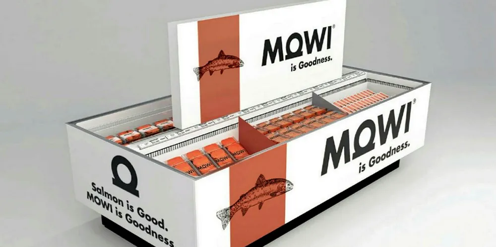 Mowi sushi on display.
