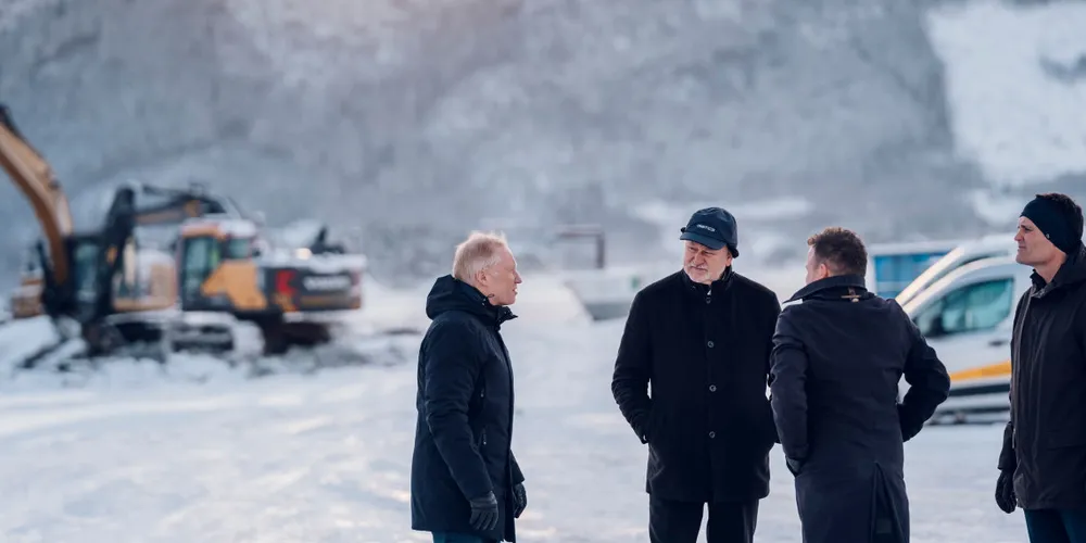 Here, the plan is to build Norway's largest fish farm on land. The water will be pumped up from the nearby sea. From left, Knut Nesse from Akva Group, investor Bjorn Apeland, Lars Erik Baustad from Ecofisk and Erlend Sodal from Akva Group.