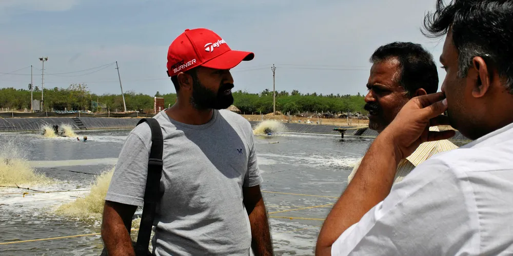 Raj Somasundaram, Aquaconnect CEO, on the ground at an Indian shrimp farm.