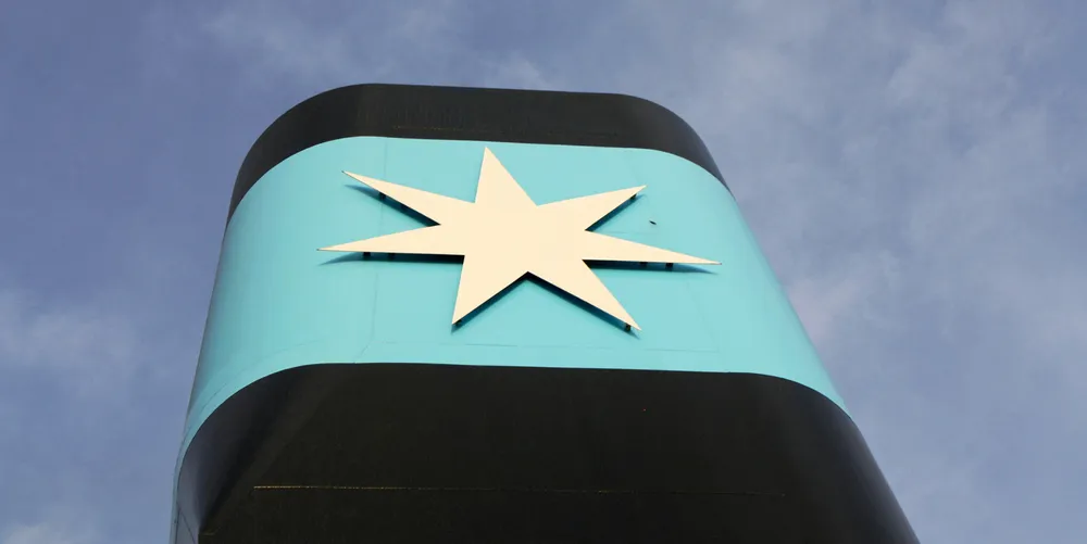 AP Moller-Maersk funnel with the company's iconic logo. The photo was taken on board the Mary Maersk.