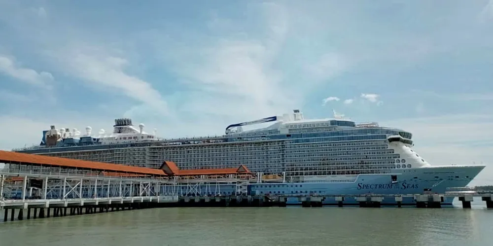 The 169,000-gt Spectrum of the Seas (built 2019) at Port Klang Cruise Terminal in Malaysia.