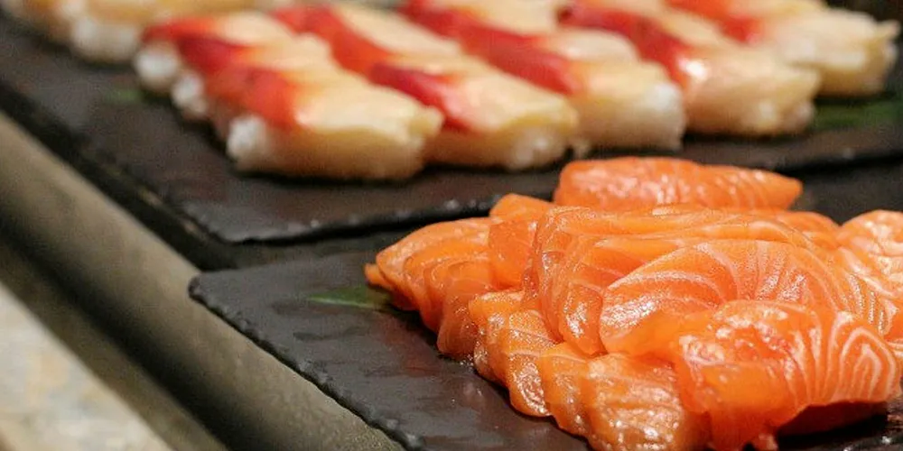 Salmon sushi in Japan.