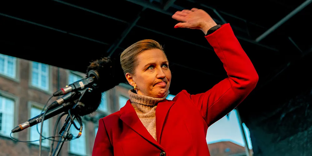 Danish Prime Minister Mette Frederiksen at a rally to protest Russia's invasion of Ukraine